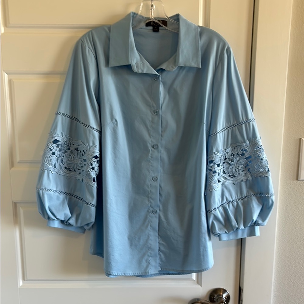 Women's Blue Embroidered Sleeve Top
